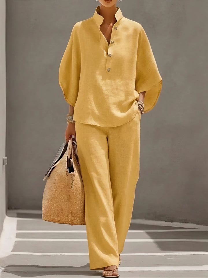 Tabitha | Women's Button Up Blouse Relaxed Set - Beige - Image 7
