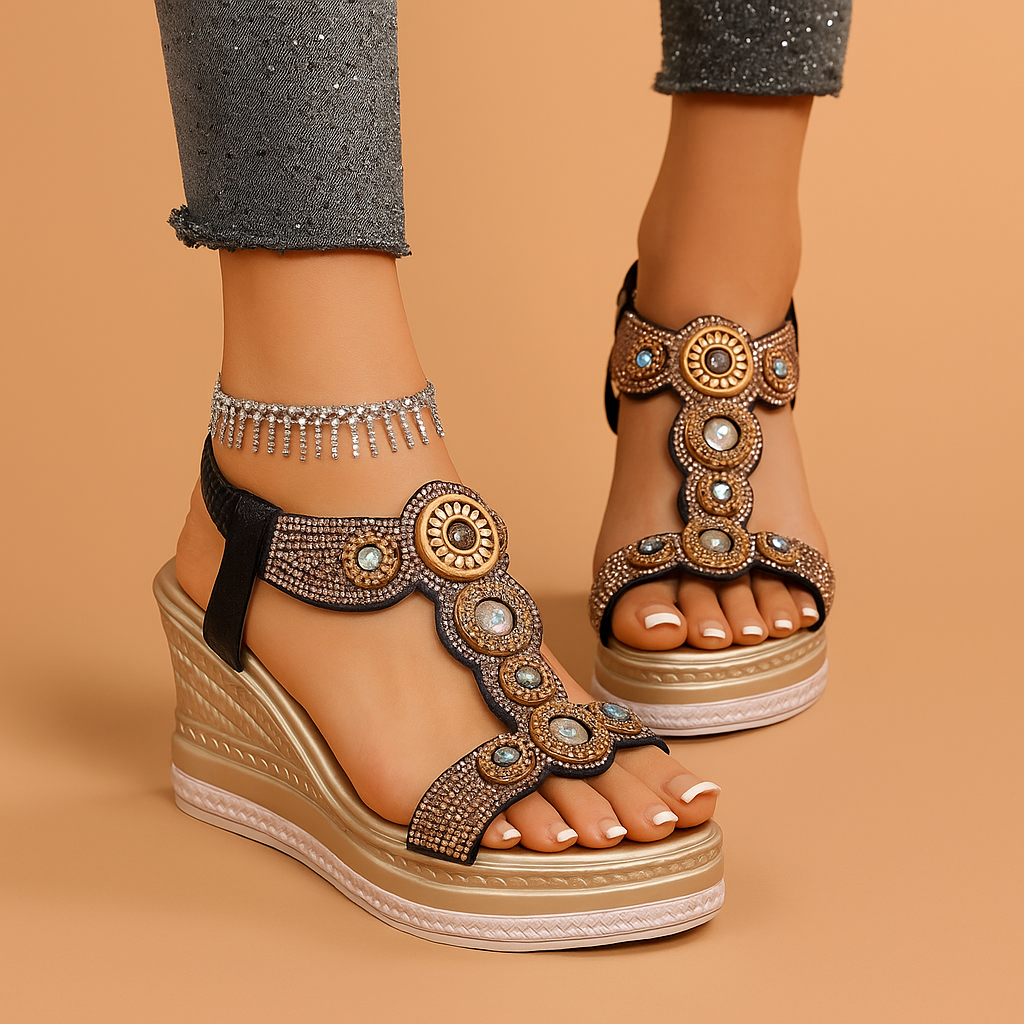 Tabitha | Women's Embellished Platform Wedge Sandals - Gold - Image 1