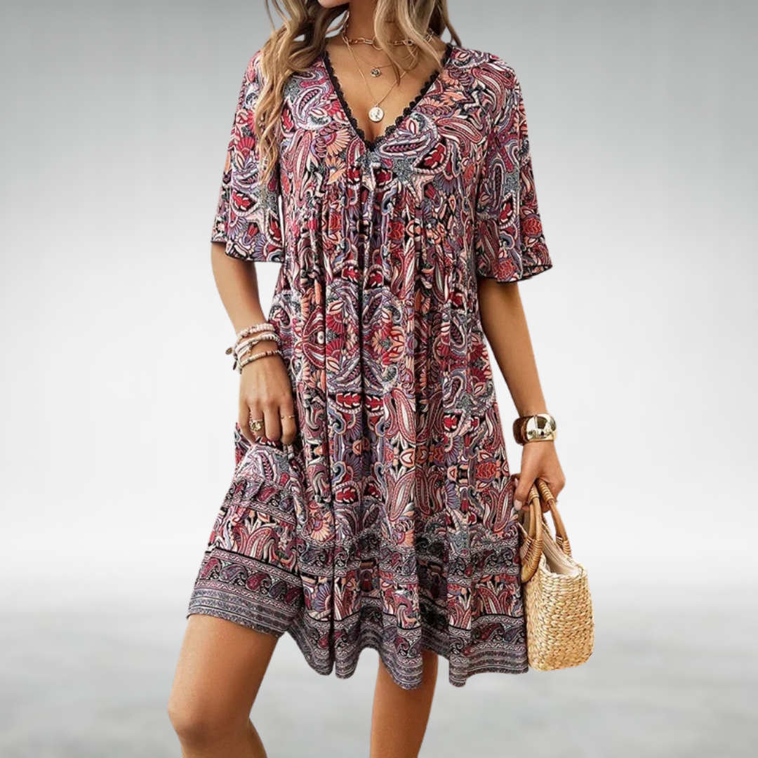 Tahlia | Women's Boho Printed V Neck Mini Dress - Green - Image 3