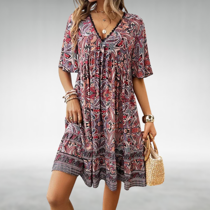 Tahlia | Women's Boho Printed V Neck Mini Dress - Green - Image 3