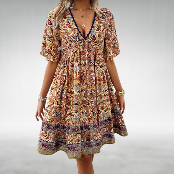 Tahlia | Women's Boho Printed V Neck Mini Dress - Green - Image 4