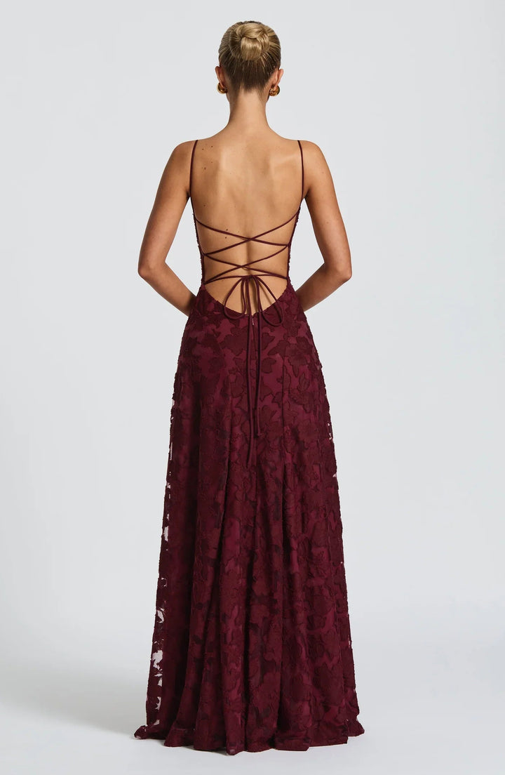 Taleah | Women's Floral A-Line Maxi Wedding Guest Dress - Burgundy - Image 4