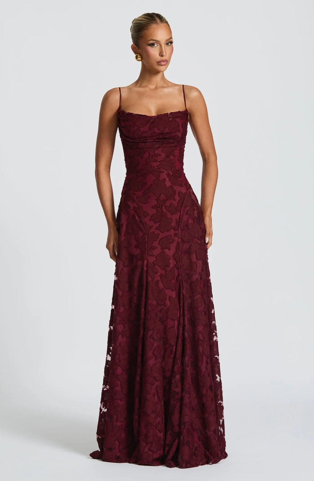 Taleah | Women's Floral A-Line Maxi Wedding Guest Dress - Burgundy - Image 6