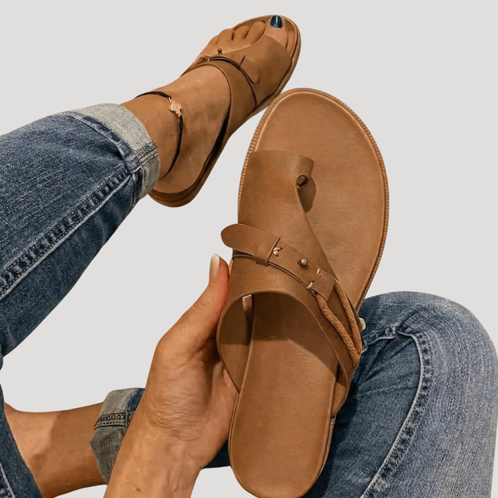 Talia | Women's Toe Loop Flat Sandals - Brown - Image 1