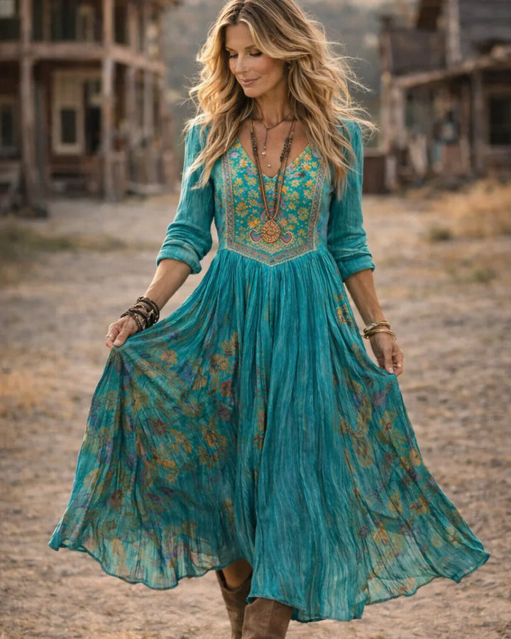 Tamara | Women's Embroidered V Neck Maxi Dress - Teal - Image 4