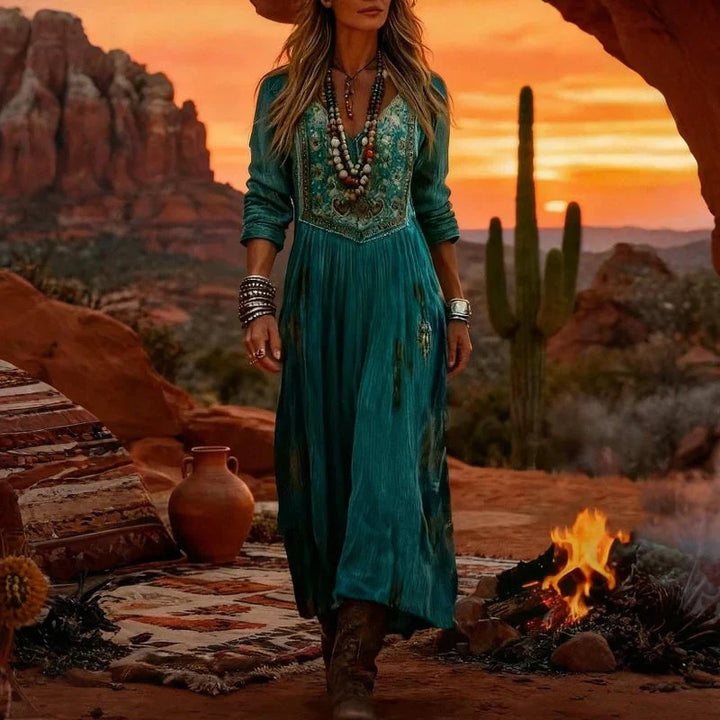 Tamara | Women's Embroidered V Neck Maxi Dress - Teal - Image 5
