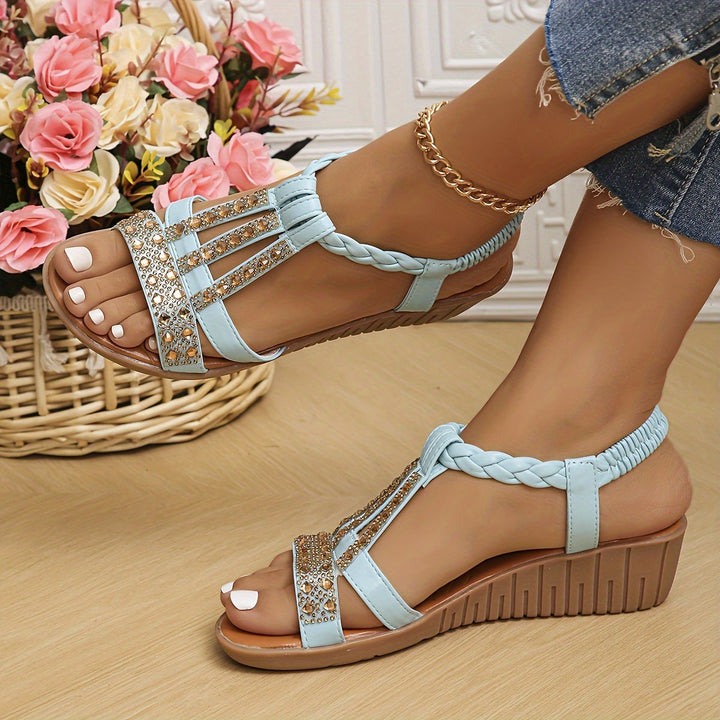 Tamara | Women's Rhinestone T-Strap Wedge Sandal - Red - Image 15
