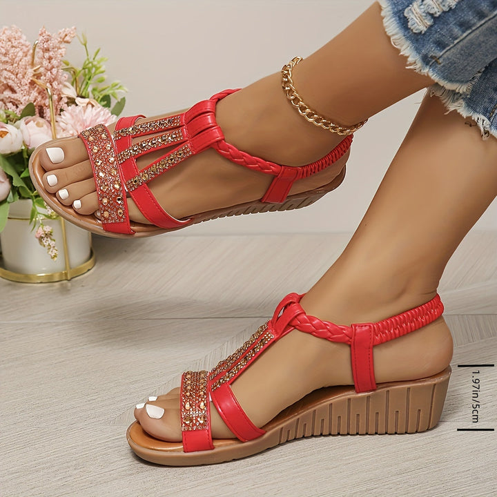 Tamara | Women's Rhinestone T-Strap Wedge Sandal - Red - Image 2