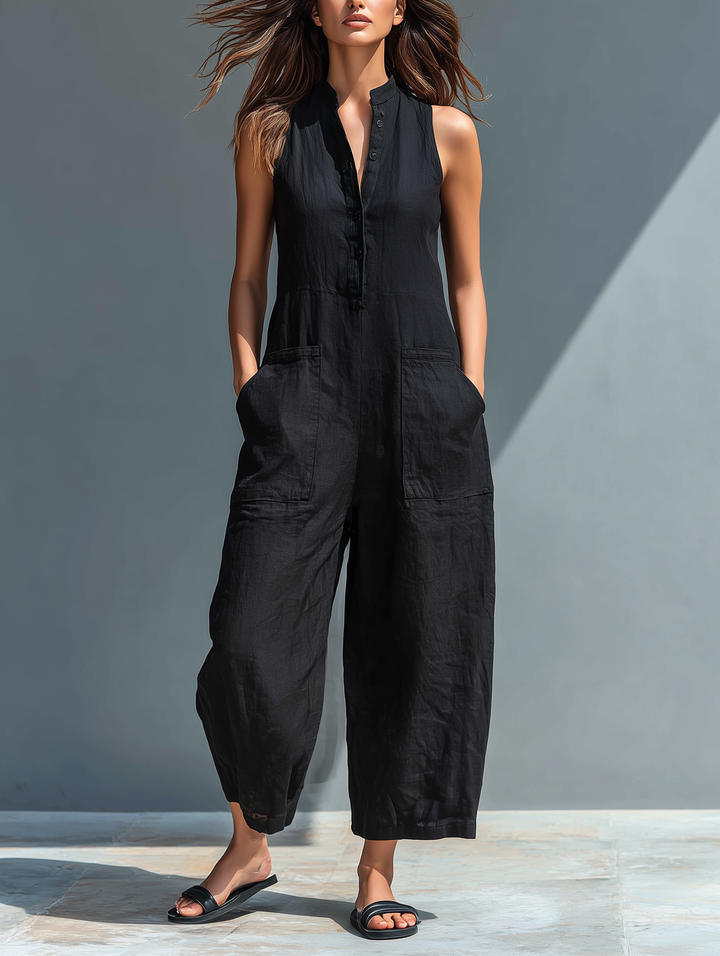 Thalia | Women's Sleeveless Mandarin Collar Jumpsuit - Black - Image 1