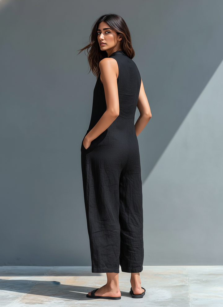 Thalia | Women's Sleeveless Mandarin Collar Jumpsuit - Black - Image 2
