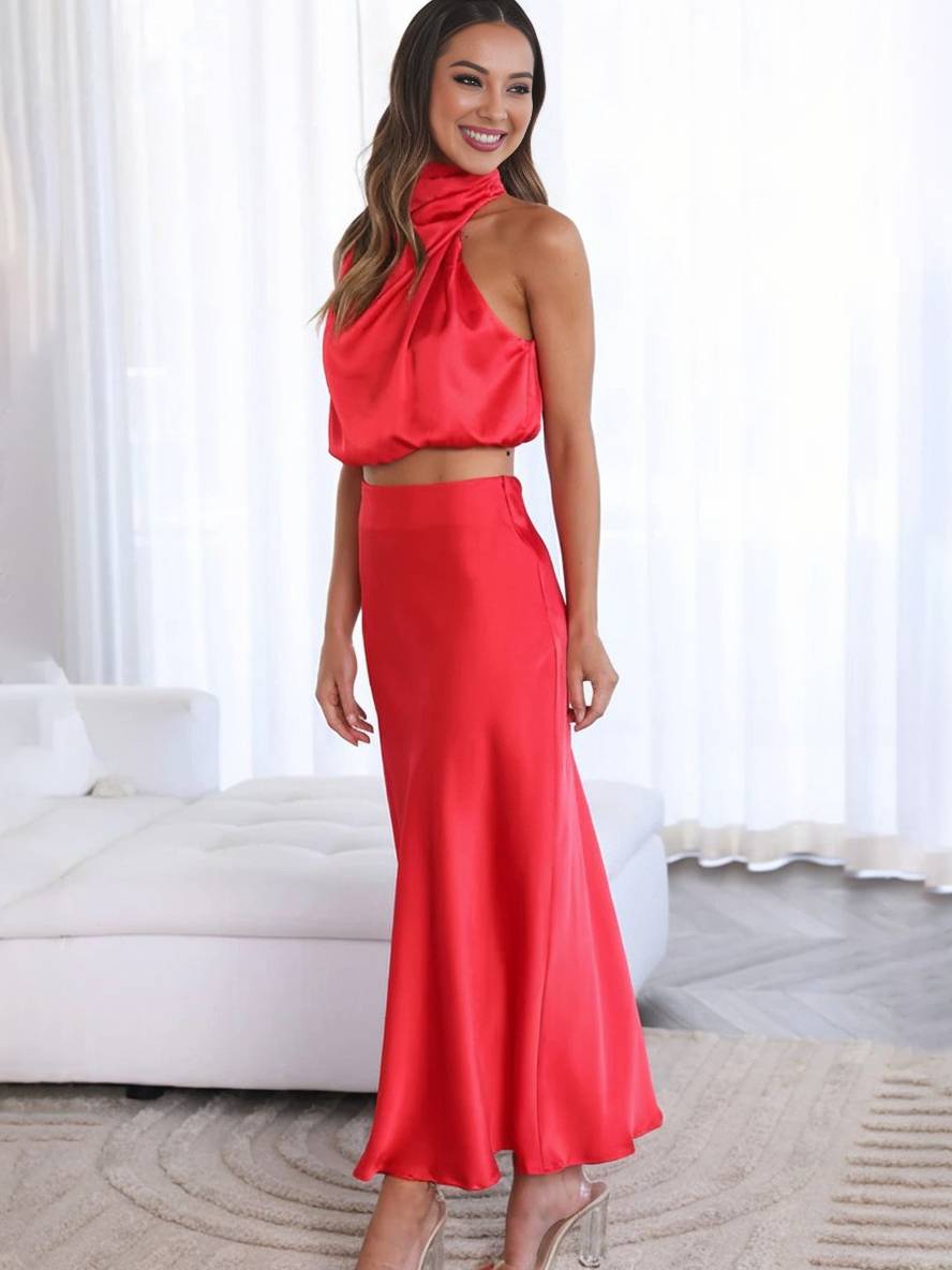 Valencia | Women's Halter Neck Two Piece Evening Set - Orange - Image 16