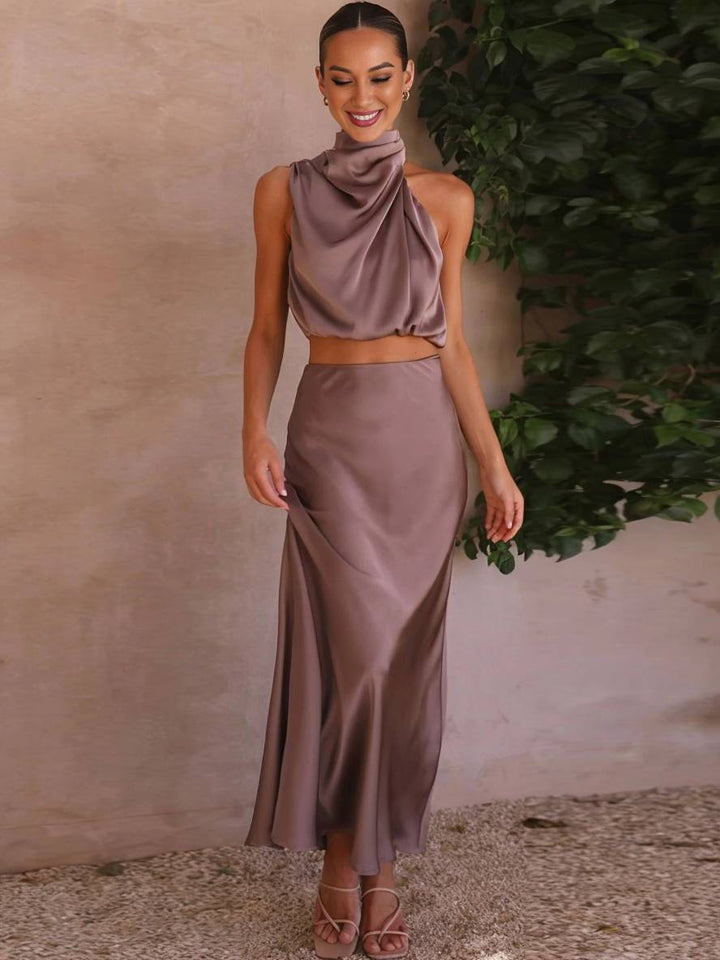 Valencia | Women's Halter Neck Two Piece Evening Set - Orange - Image 20