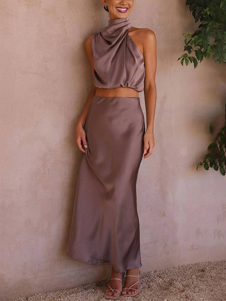Valencia | Women's Halter Neck Two Piece Evening Set - Orange - Image 21