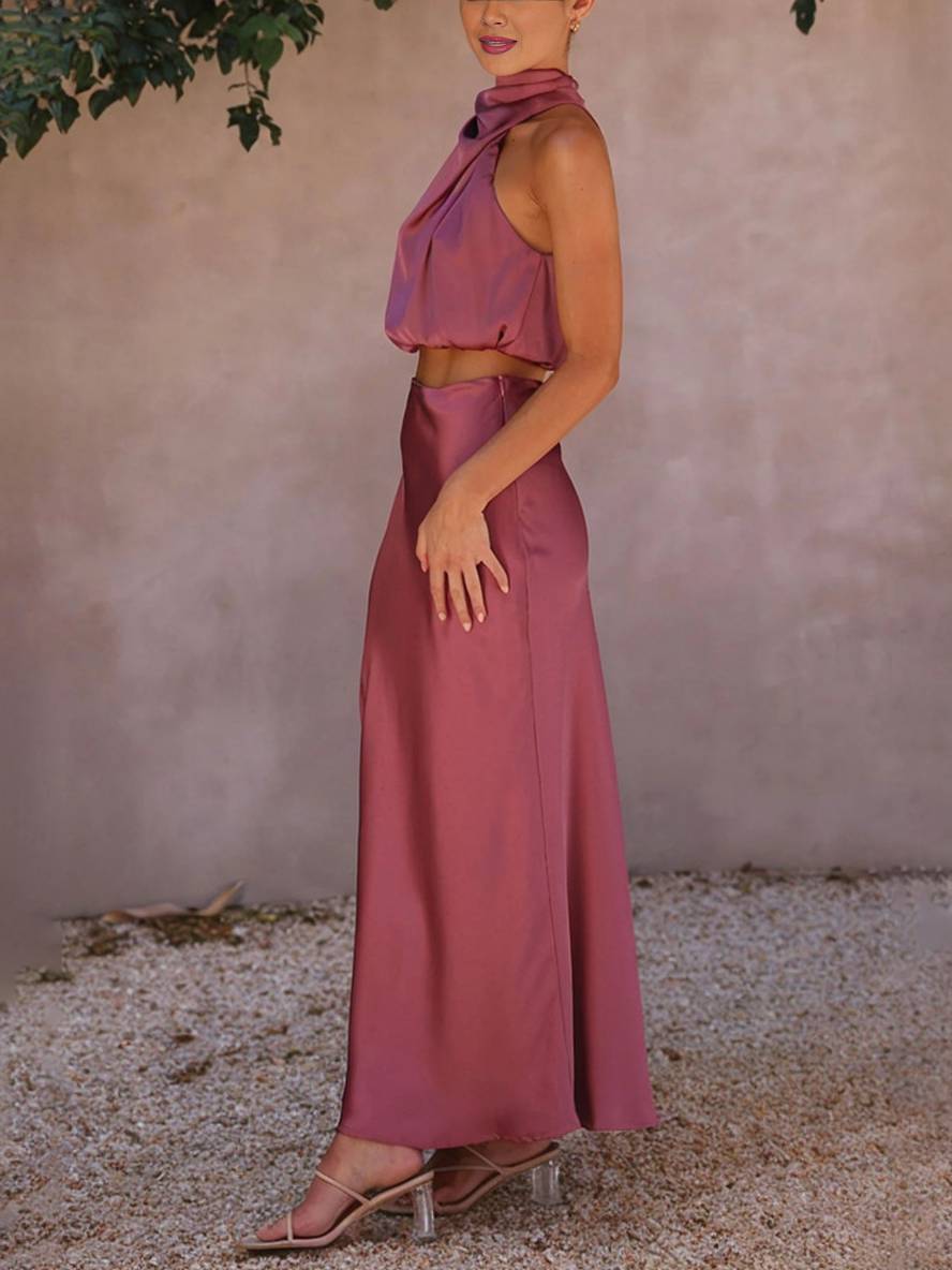 Valencia | Women's Halter Neck Two Piece Evening Set - Orange - Image 24