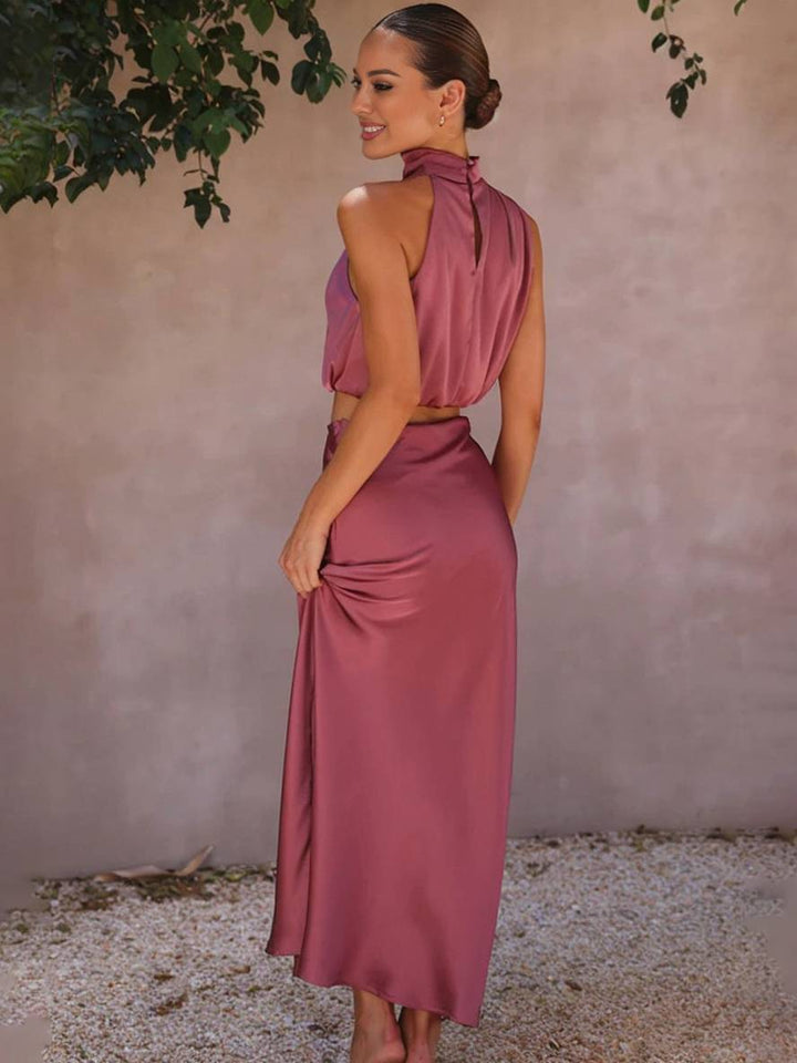 Valencia | Women's Halter Neck Two Piece Evening Set - Orange - Image 25