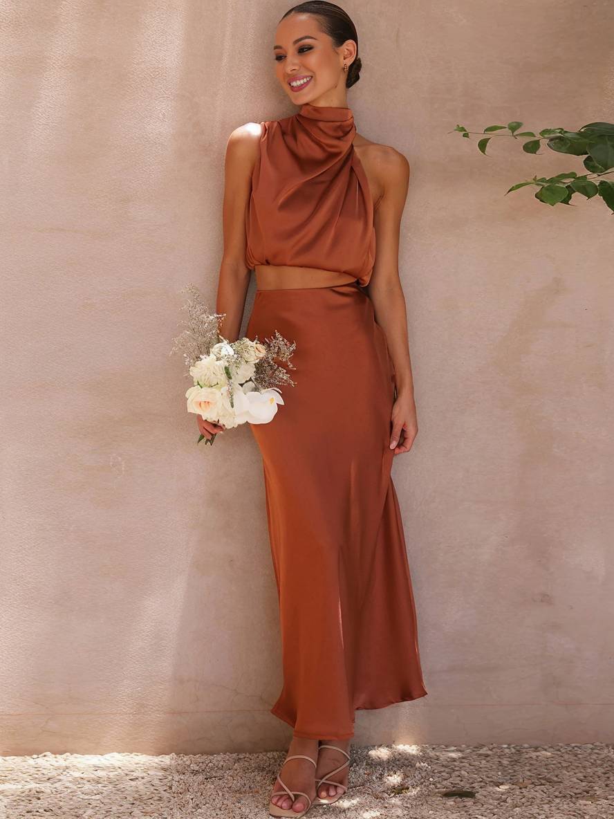 Valencia | Women's Halter Neck Two Piece Evening Set - Orange - Image 26