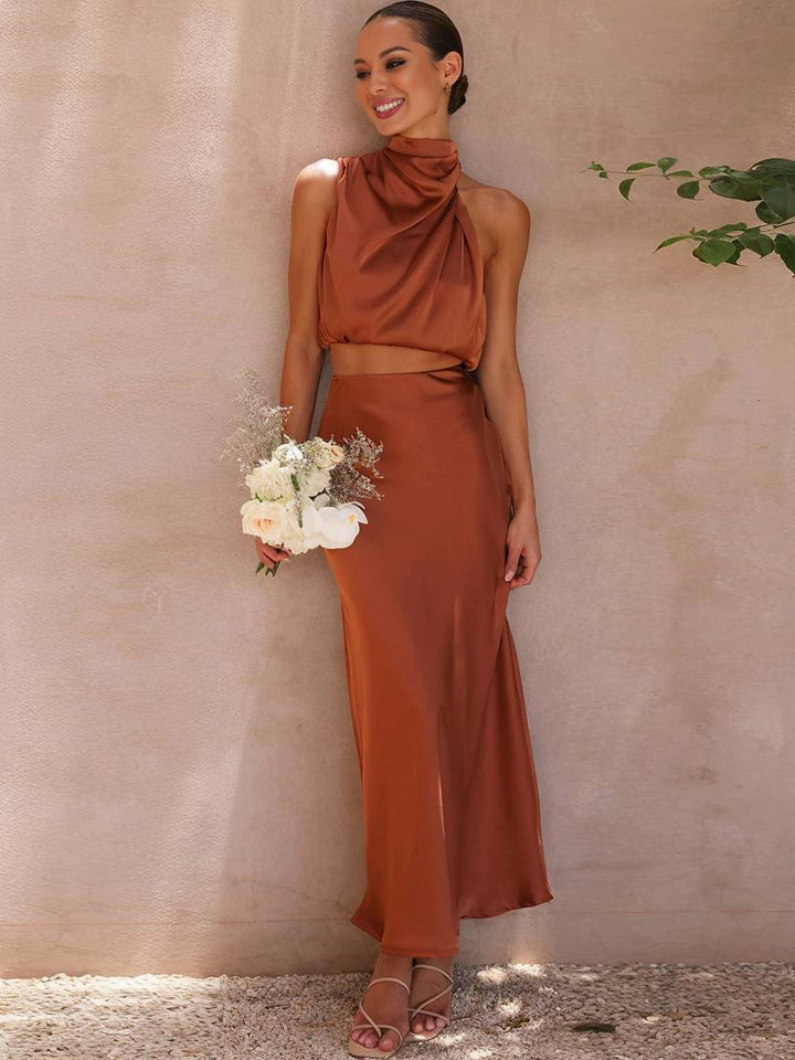 Valencia | Women's Halter Neck Two Piece Evening Set - Orange - Image 26