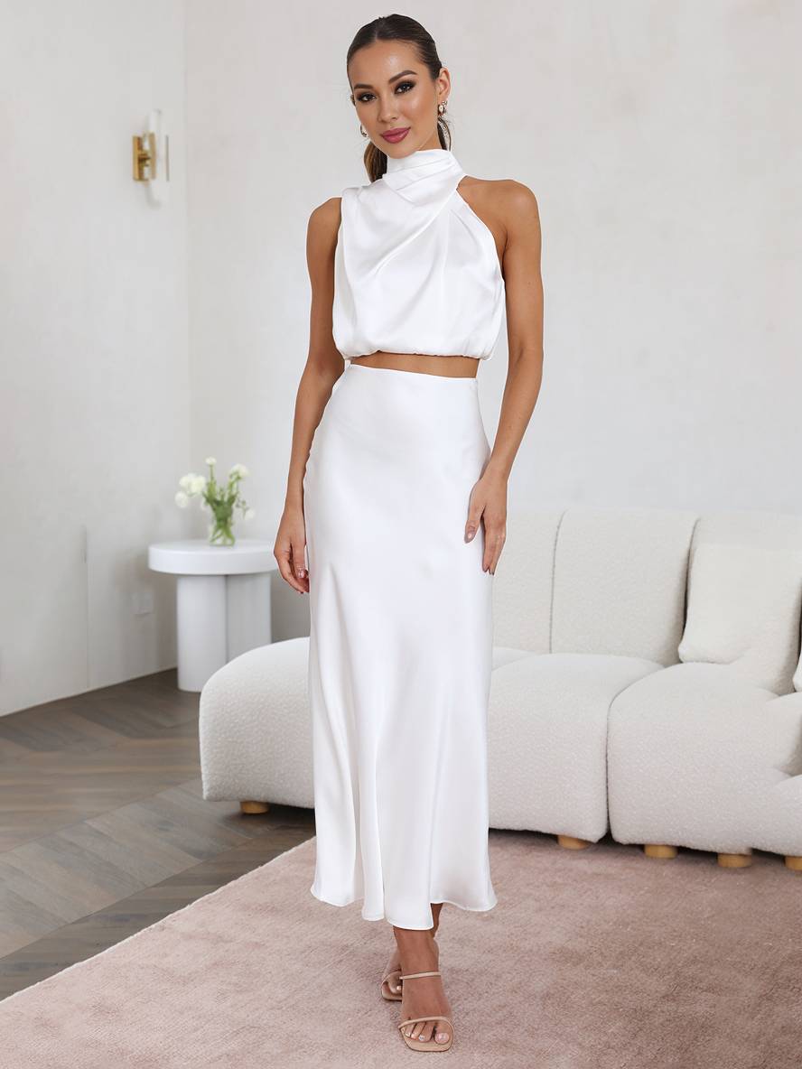 Valencia | Women's Halter Neck Two Piece Evening Set - Orange - Image 28
