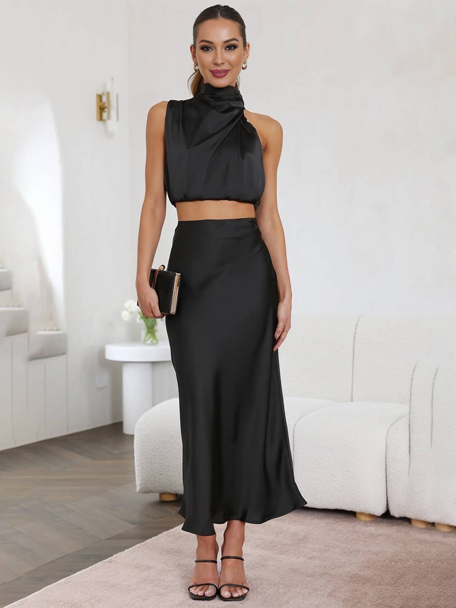 Valencia | Women's Halter Neck Two Piece Evening Set - Orange - Image 29