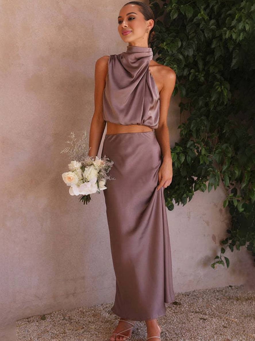 Valencia | Women's Halter Neck Two Piece Evening Set - Orange - Image 32