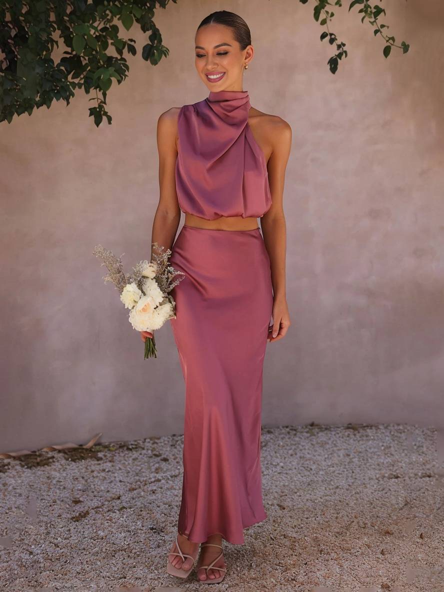Valencia | Women's Halter Neck Two Piece Evening Set - Orange - Image 33