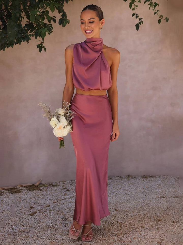 Valencia | Women's Halter Neck Two Piece Evening Set - Orange - Image 33