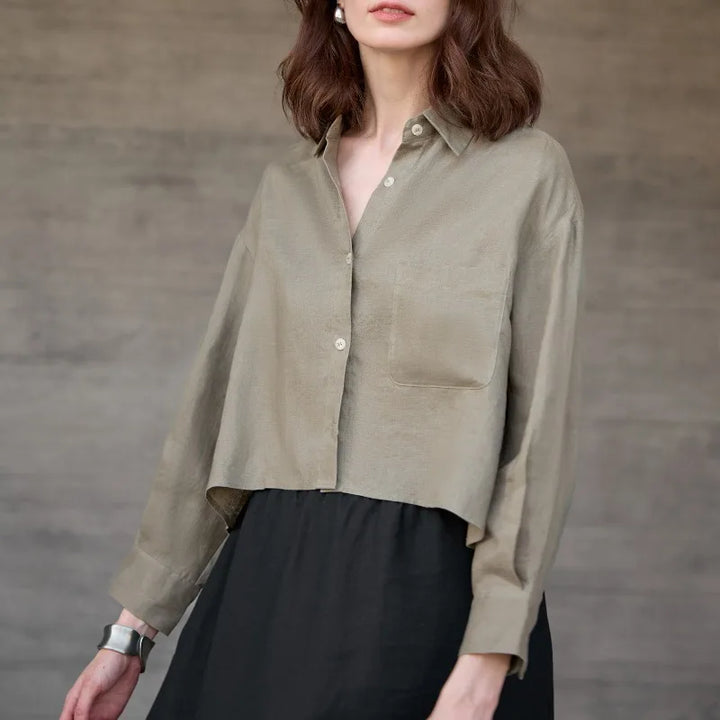 Verity | Women's Cropped Oversized Long Sleeve Button-Down Shirt - Sage - Image 10