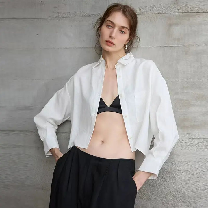 Verity | Women's Cropped Oversized Long Sleeve Button-Down Shirt - Sage - Image 13