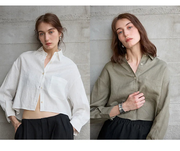Verity | Women's Cropped Oversized Long Sleeve Button-Down Shirt - Sage - Image 16