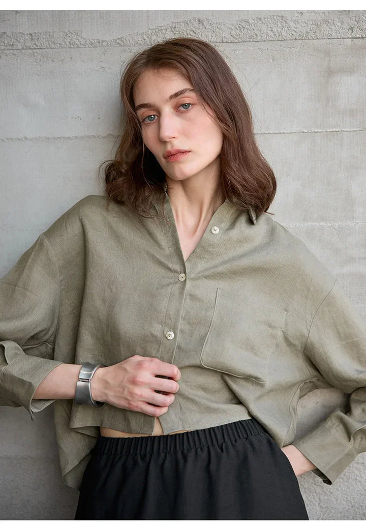 Verity | Women's Cropped Oversized Long Sleeve Button-Down Shirt - Sage - Image 26