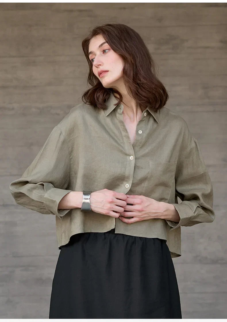 Verity | Women's Cropped Oversized Long Sleeve Button-Down Shirt - Sage - Image 31