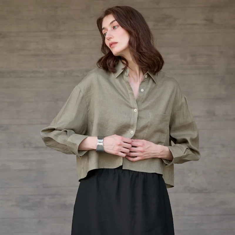 Verity | Women's Cropped Oversized Long Sleeve Button-Down Shirt - Sage - Image 32