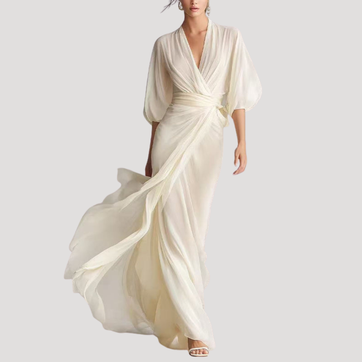 Viviana | Women's Wrap Front Long Sleeve Maxi Dress - Champagne - Image 1