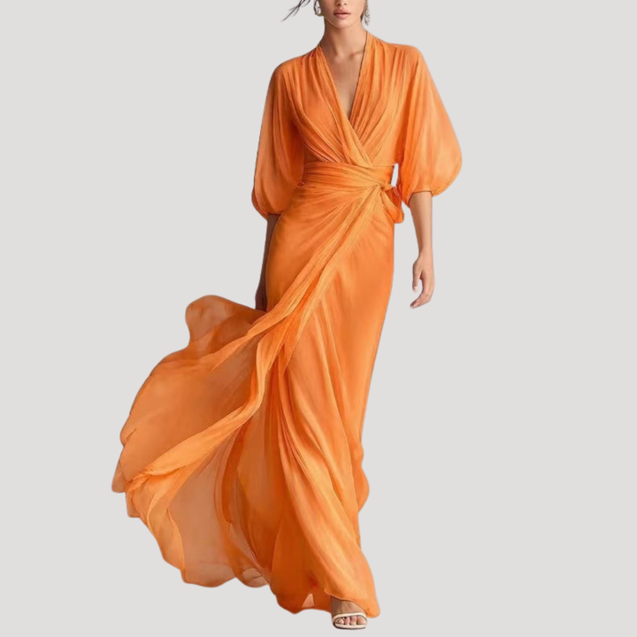 Viviana | Women's Wrap Front Long Sleeve Maxi Dress - Champagne - Image 6