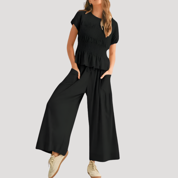 Zelda | Women's Peplum Top Wide Leg Pants Set - Black - Image 1