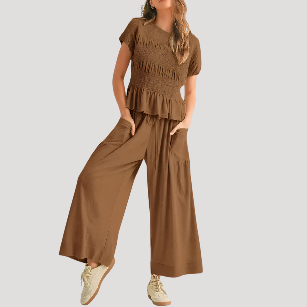 Zelda | Women's Peplum Top Wide Leg Pants Set - Black - Image 2