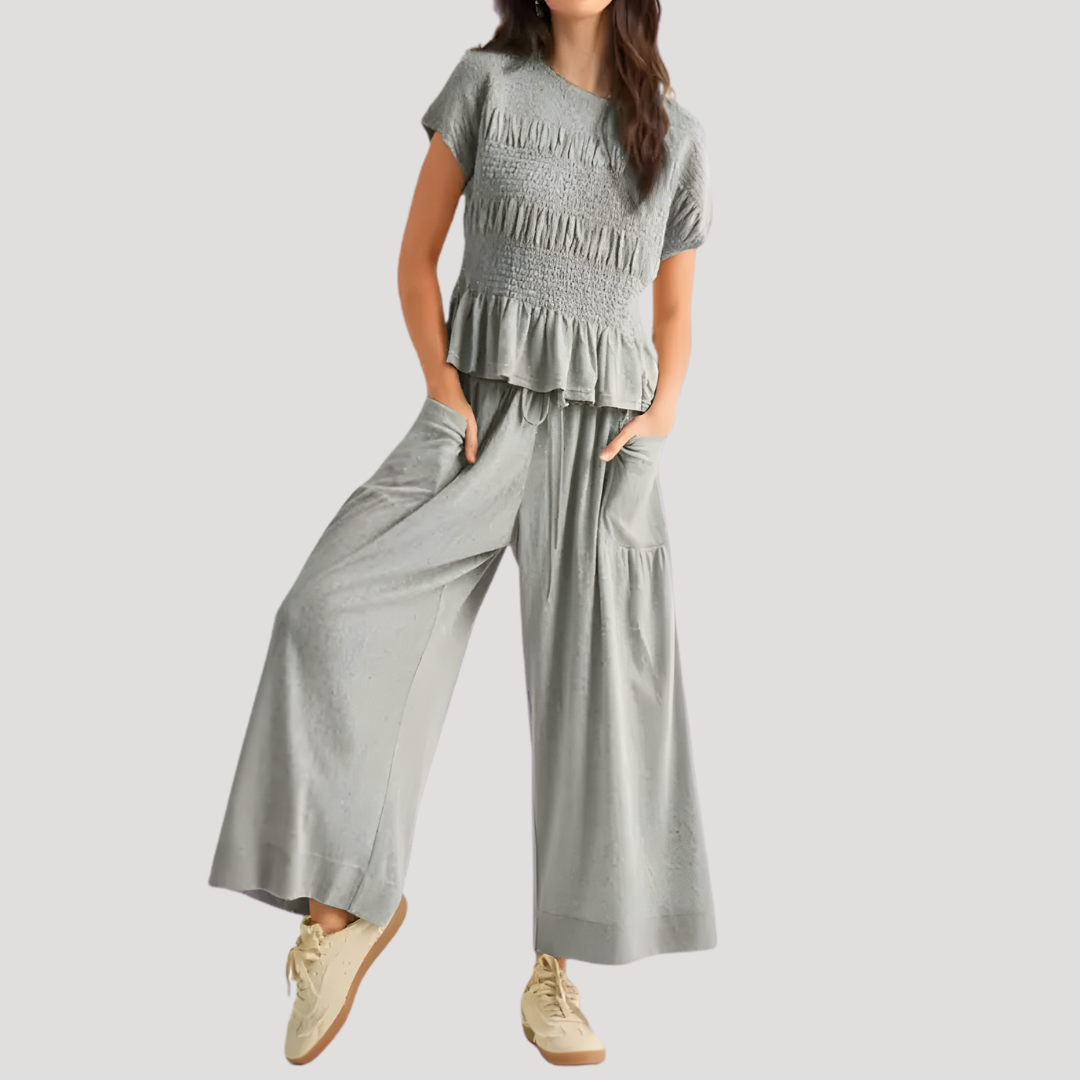 Zelda | Women's Peplum Top Wide Leg Pants Set - Black - Image 7