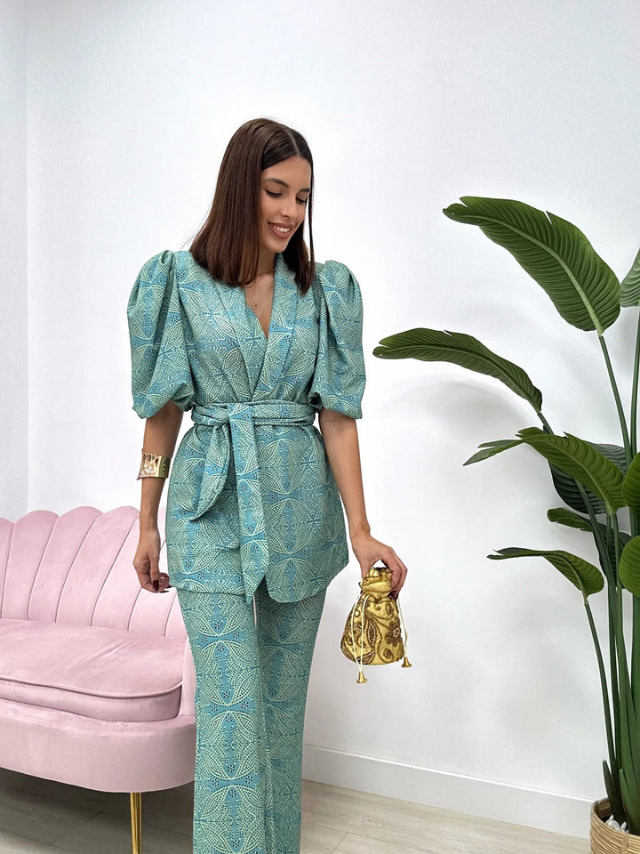 Zella | Women's Puff Sleeve Wide Leg Pants Two Piece Set - Teal - Image 4