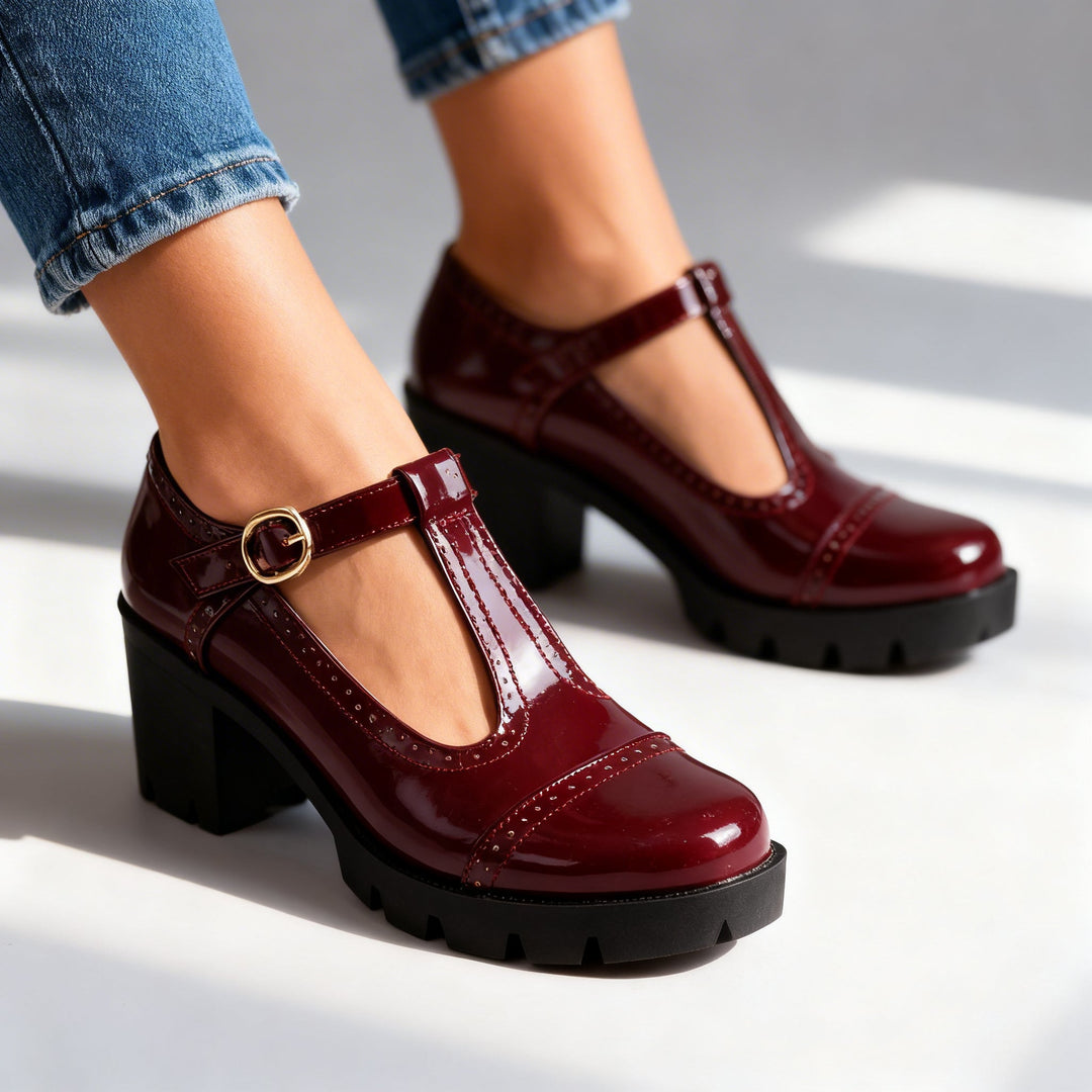 Zephyrine | Women's T-Strap Brogue Block Heel Mary Jane - Burgundy - Image 4