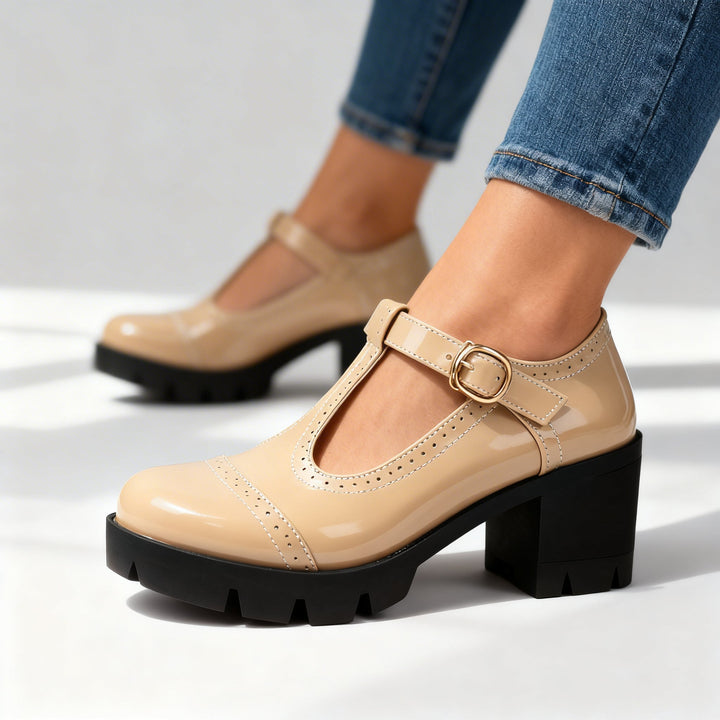 Zephyrine | Women's T-Strap Brogue Block Heel Mary Jane - Burgundy - Image 6