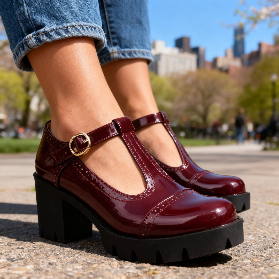 Zephyrine | Women's T-Strap Brogue Block Heel Mary Jane - Burgundy - Image 7